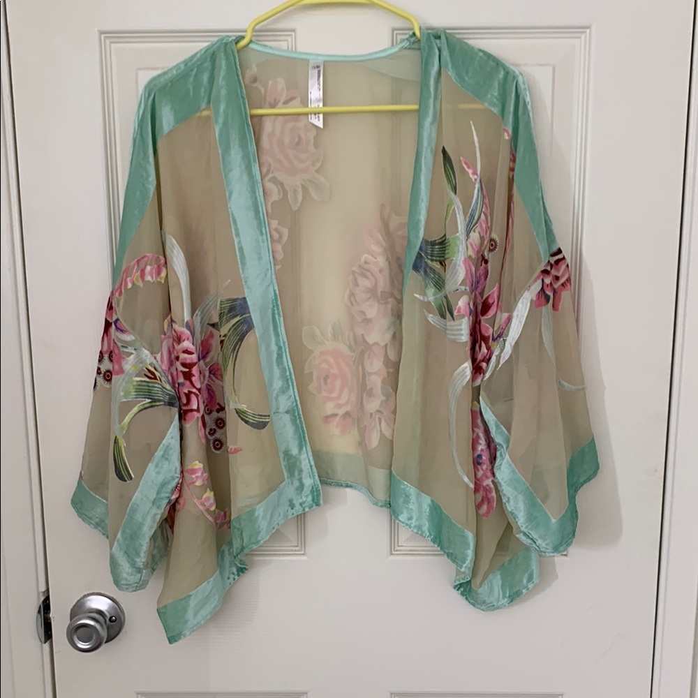 Anthropologie Green and Pink Floral Vest